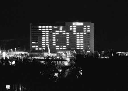 The traditional JOY window pattern of the Misson Valley Hotel Hilton in San Diego, CA.