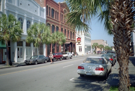 A sunny day in Charleston, South Carolina on East Bay Street.