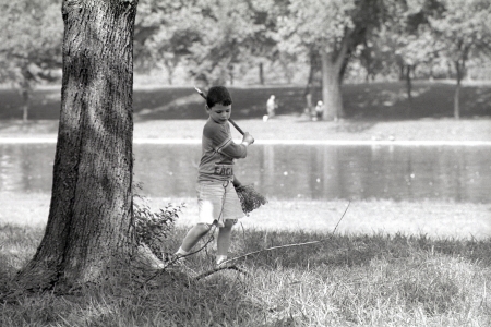 A view of a young boy swatting a tree with a stick near the reflecting pool on the National Mall in Washington, D.C.