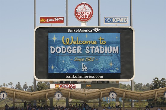 The DodgerVision scoreboard at Dodger Stadium in Chavez Ravine.