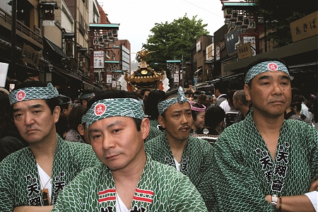 A crew parading their shrine at the Sanja Matsuri in Tokyo.