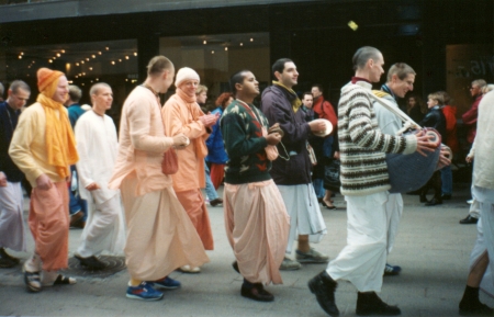 A snapshot of Hare Krishnas parading down Str?get in Denmark