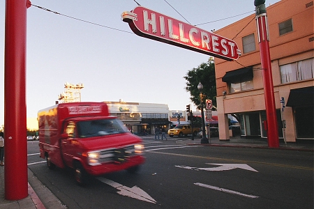 The corner of 5th and University in the Hillcrest area of San Diego, CA.