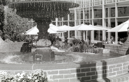 A view of a fountain with people enjoying lunch on a hotel patio in Georgetown.