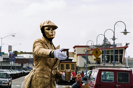 A view of a mime performing in the street in San Francisco, CA.