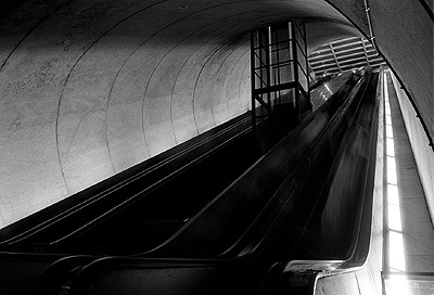 Two long escalators at the Rossyln Metro station.