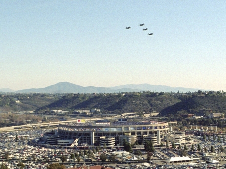 Fighter jets flying over <i>The Q</i> at the start of the Chargers 2007 playoff game.