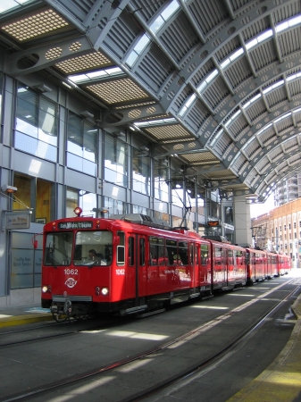 San Diego trolley stopped in the American Plaza Center station.