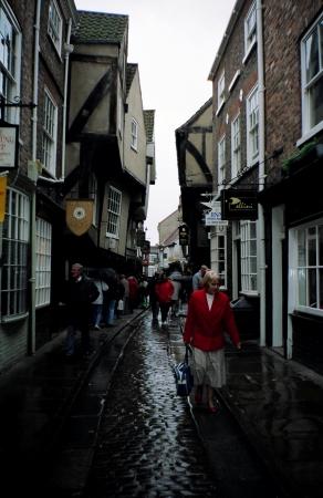 English patrons walking about the Shambles in York, England.