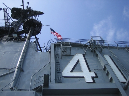 A view of the hull number on the USS Midway.
