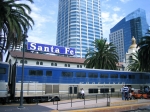 A view of the Amtrak surfliner parked at the Santa Fe Train Depot in San Diego, California.