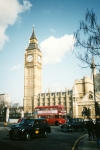 A view of London's vintage taxi cabs and Big Ben.